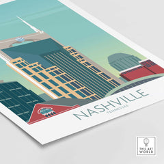 Vintage Nashville poster showcasing iconic city skyline in vibrant colors, perfect for travel enthusiasts and wall decor.