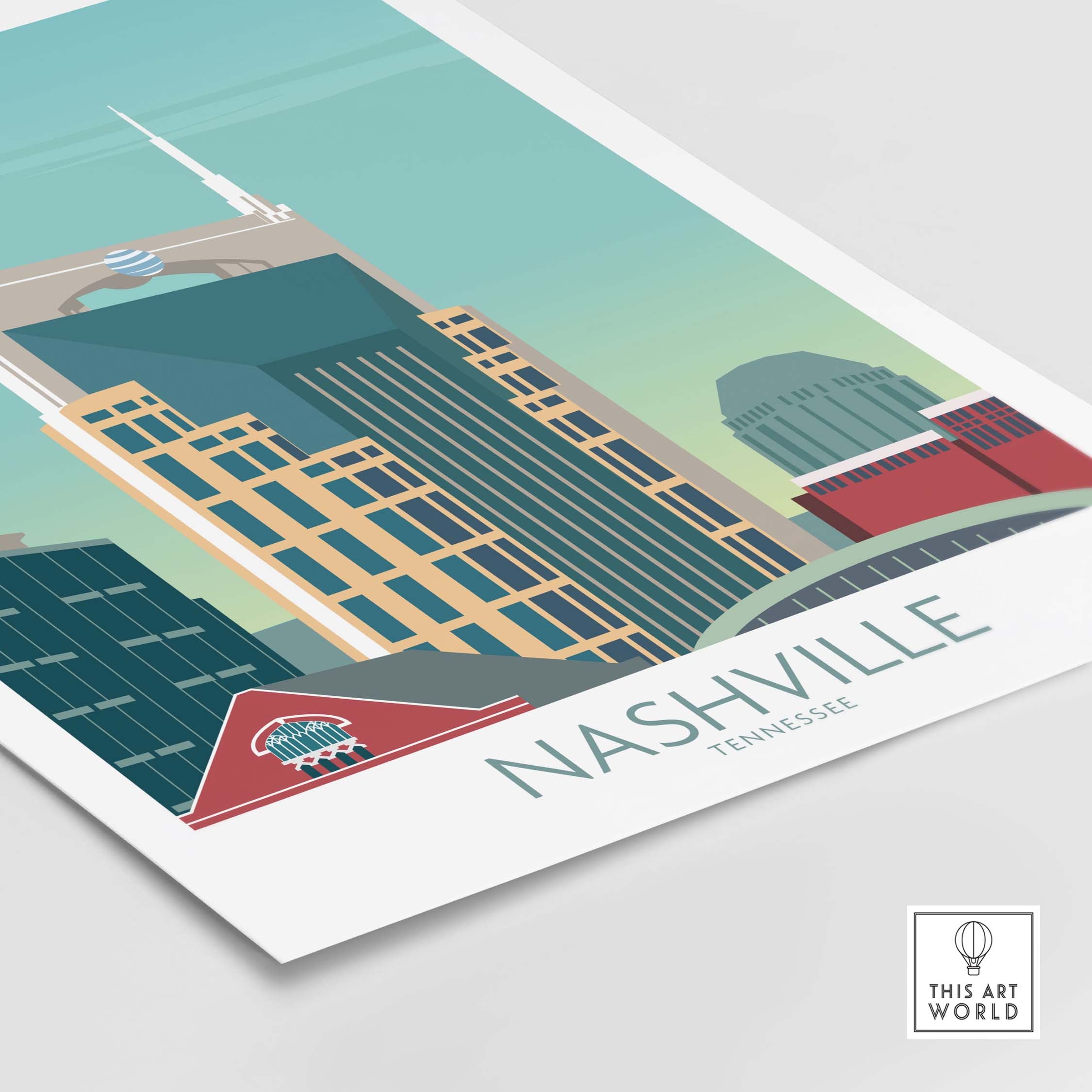 Vintage Nashville poster showcasing iconic city skyline in vibrant colors, perfect for travel enthusiasts and wall decor.