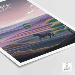New Forest poster featuring a minimalist scene of a horse in a colorful landscape, inspired by National Parks.