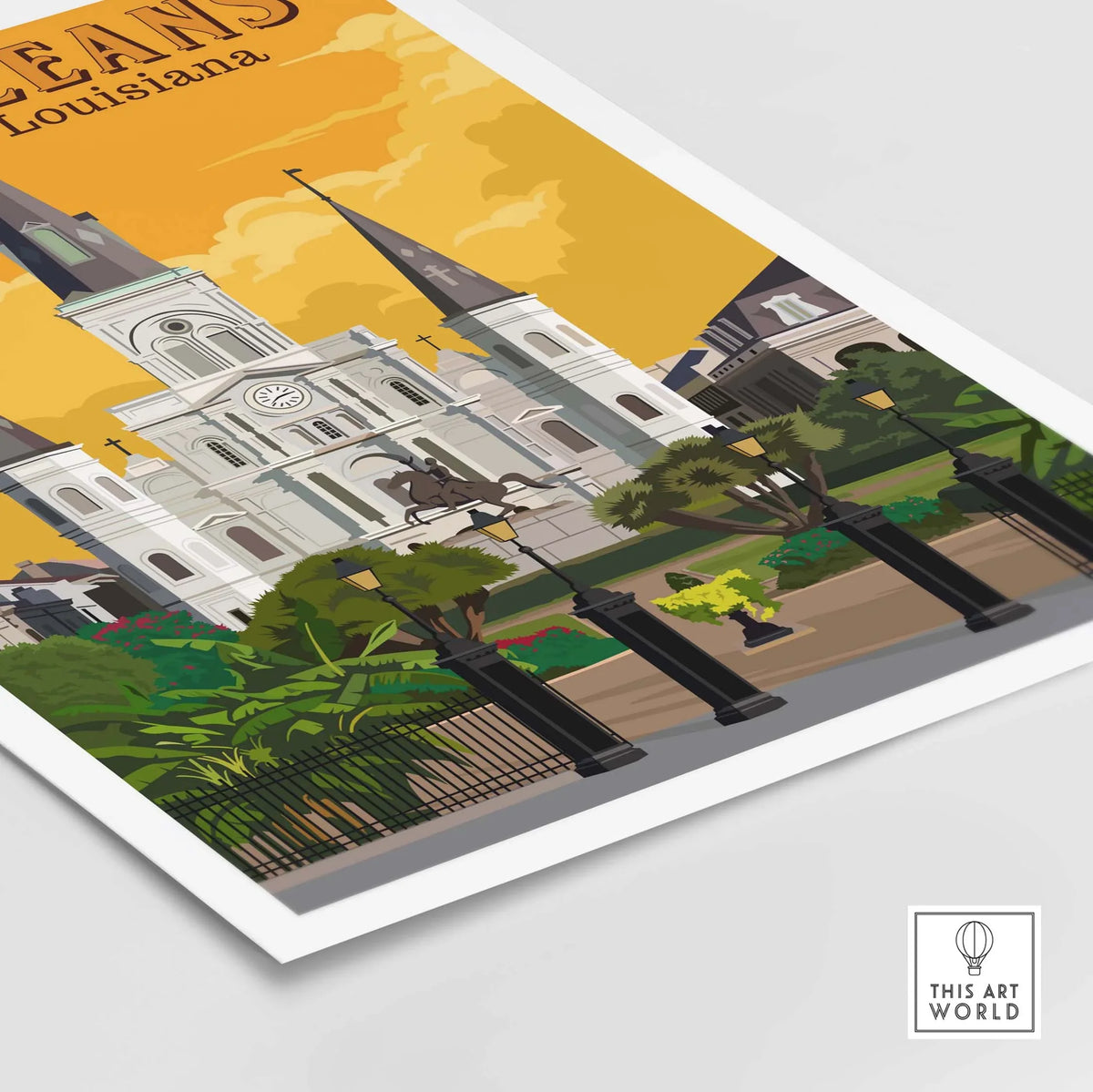 New Orleans art print featuring vintage architecture and vibrant sunset colors, perfect for travel-inspired decor.
