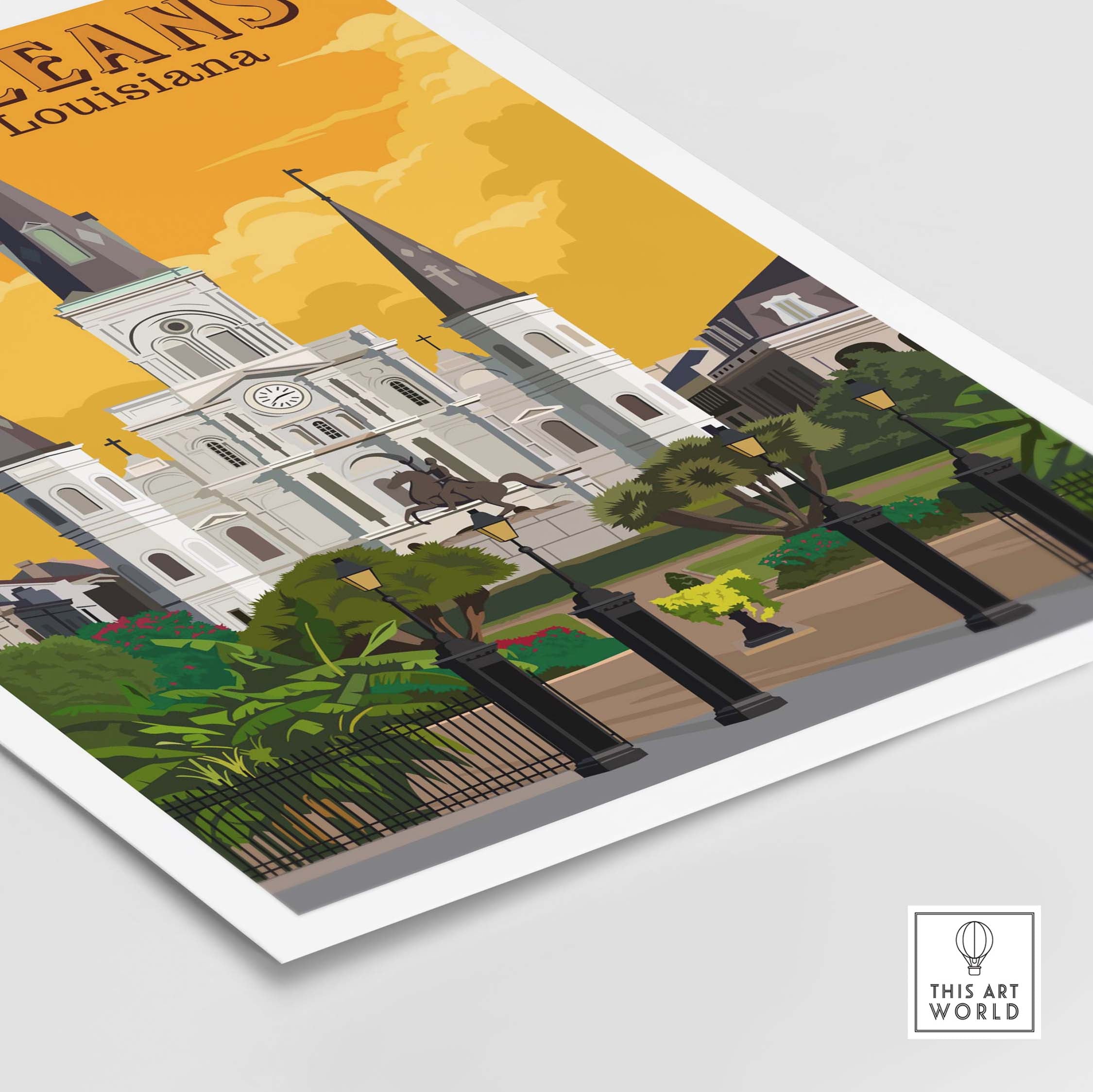 New Orleans art print featuring vintage architecture and vibrant sunset colors, perfect for travel-inspired decor.