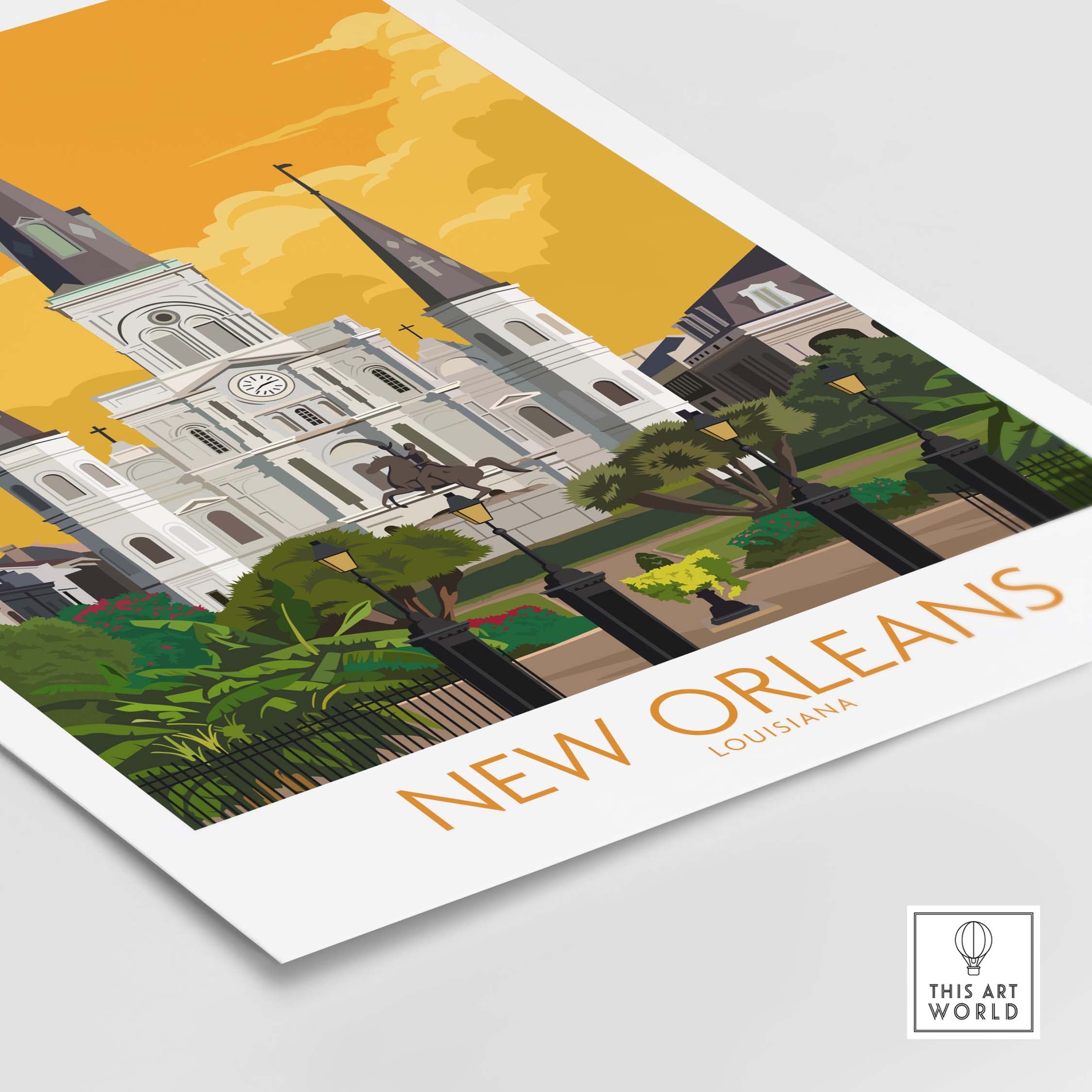 New Orleans art poster showcasing St. Louis Cathedral with vibrant colors, perfect for home or office decor.