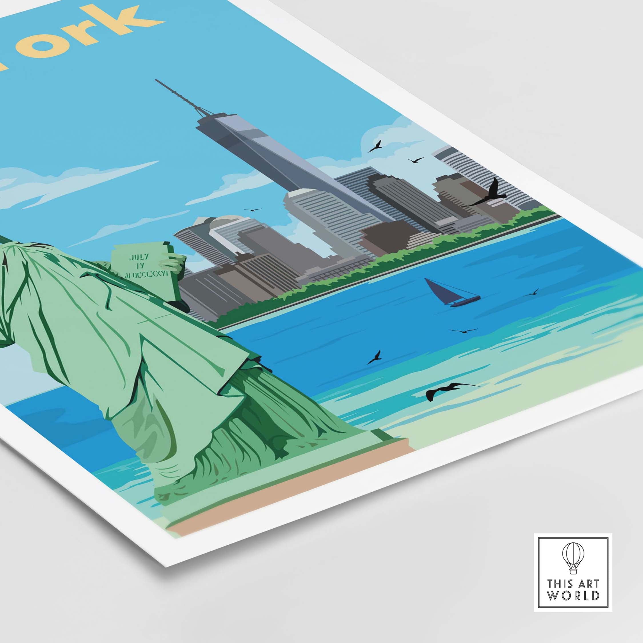 Vintage New York print poster featuring the Statue of Liberty and city skyline, perfect for travel-inspired wall art.