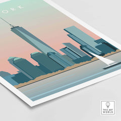 New York City skyline print poster featuring pastel colors and vintage travel art style, perfect for home decor.