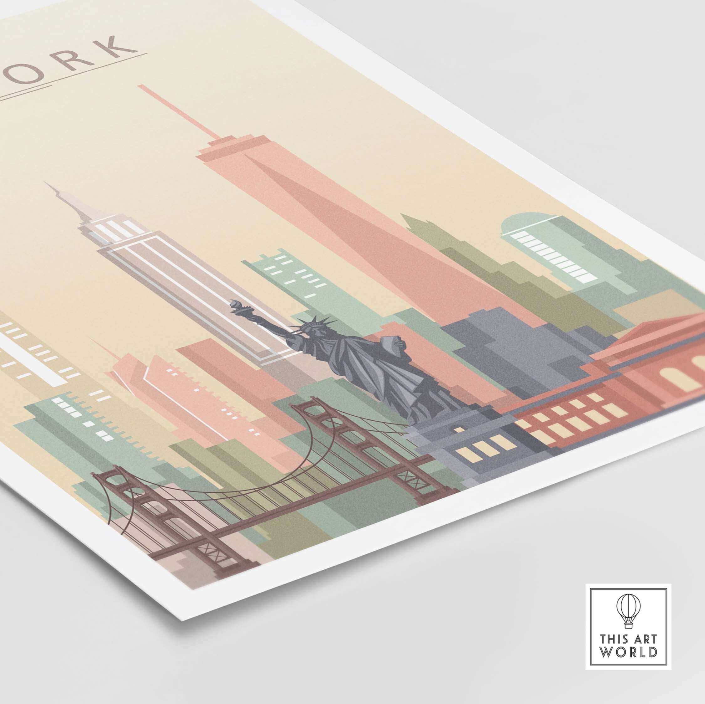 New York City skyline print showing Statue of Liberty and Empire State Building in pastel tones, framed wall art.