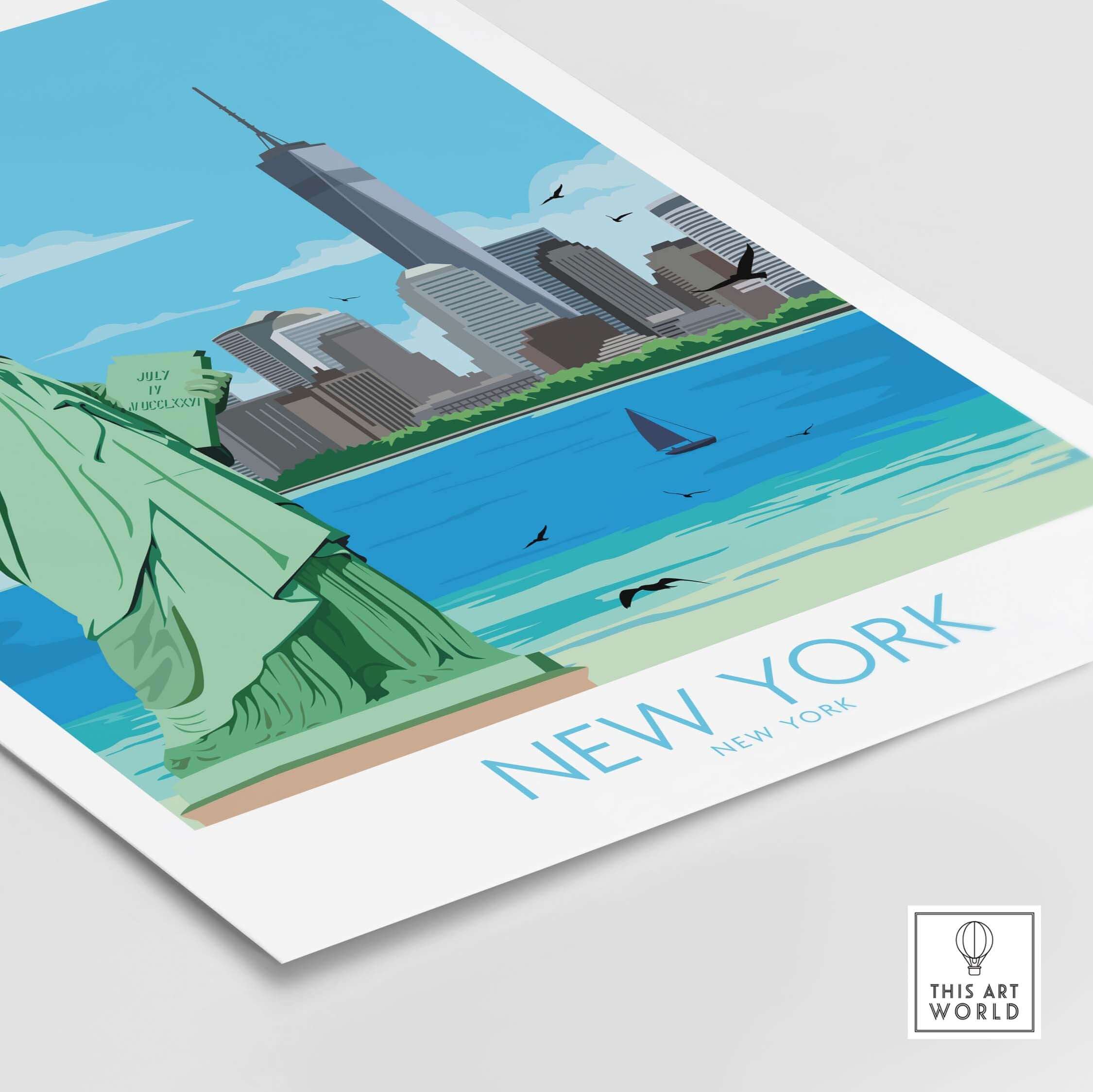 Stylish New York City poster featuring the Statue of Liberty and skyline, perfect for home or office decor.