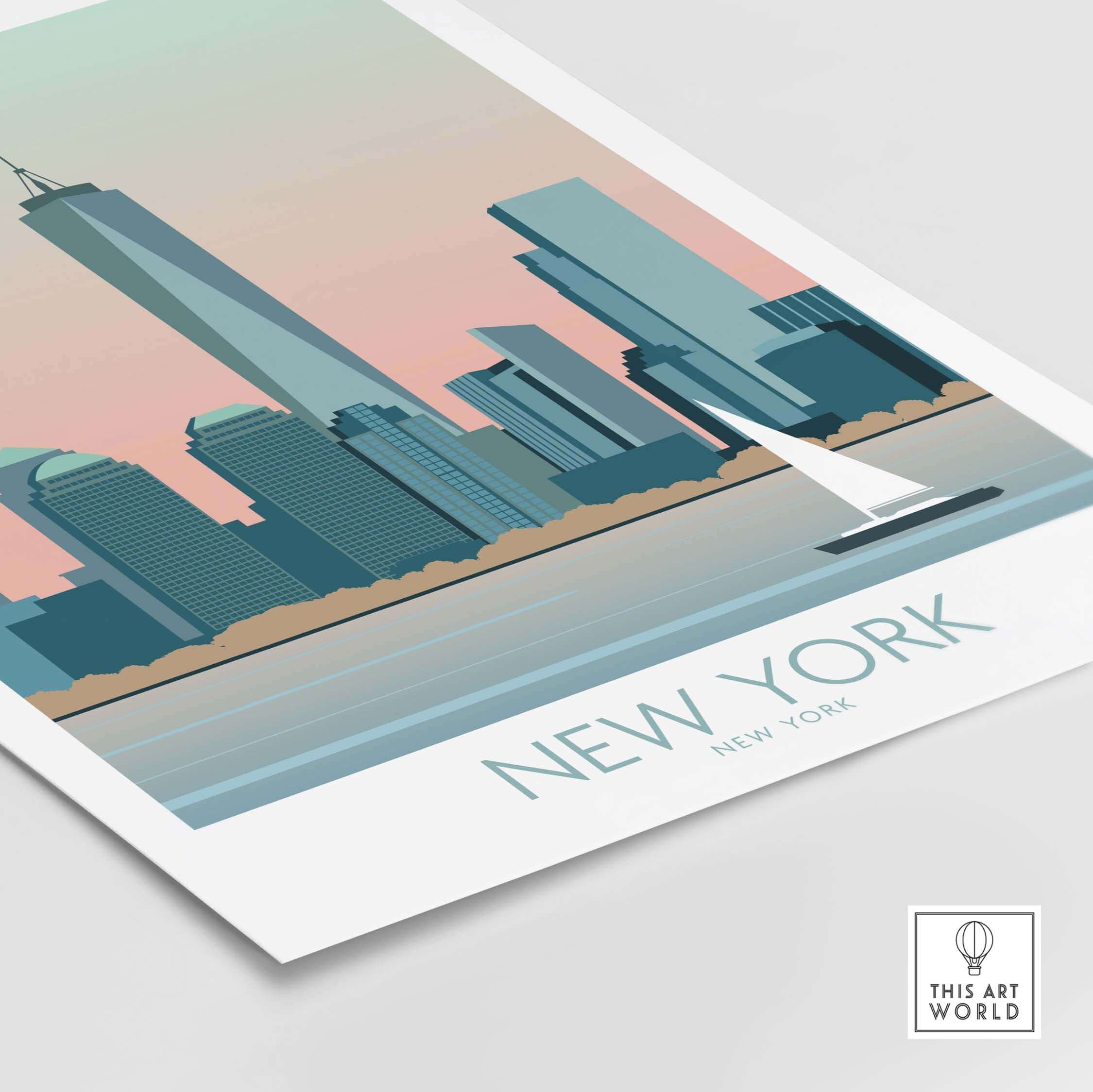 New York Print Poster featuring skyline and sailboat in modern minimalist style, perfect for home or office decor.