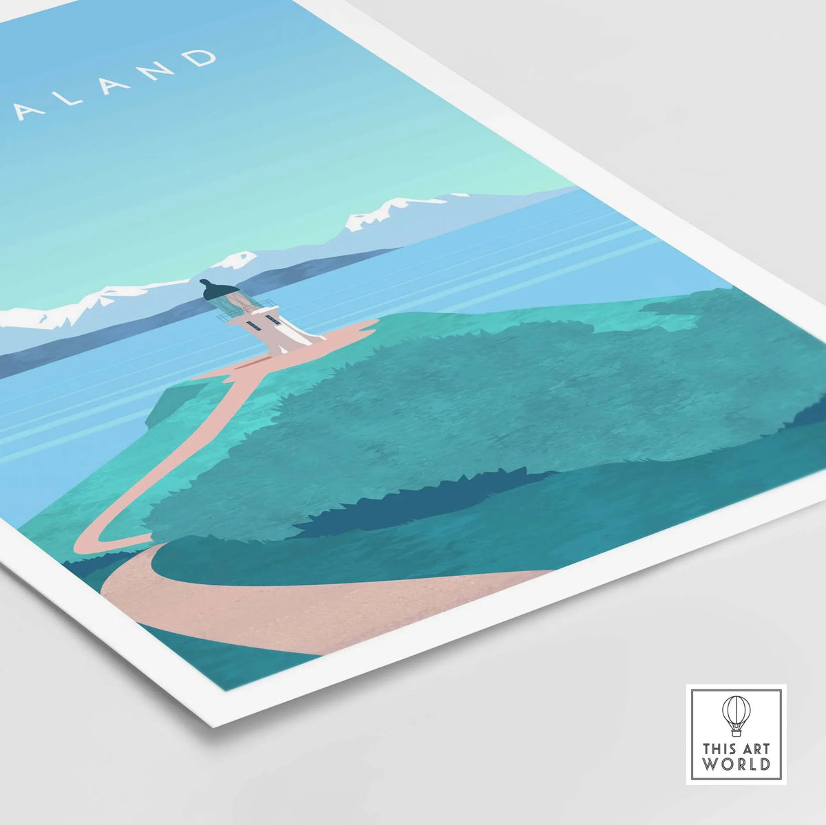 New Zealand Print Wall Art Poster featuring a scenic landscape with turquoise waters and mountains, ideal for home decor.
