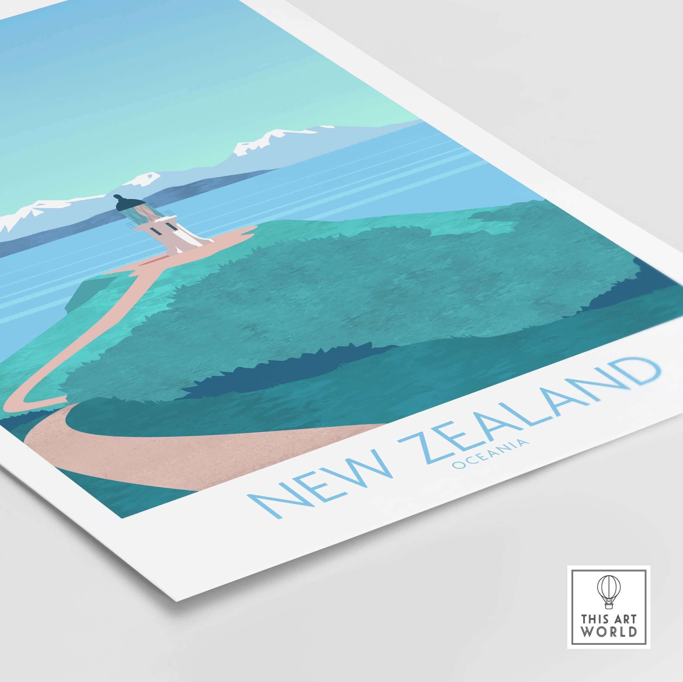New Zealand travel poster featuring a scenic coastal view and lighthouse, inspired by vintage travel art.