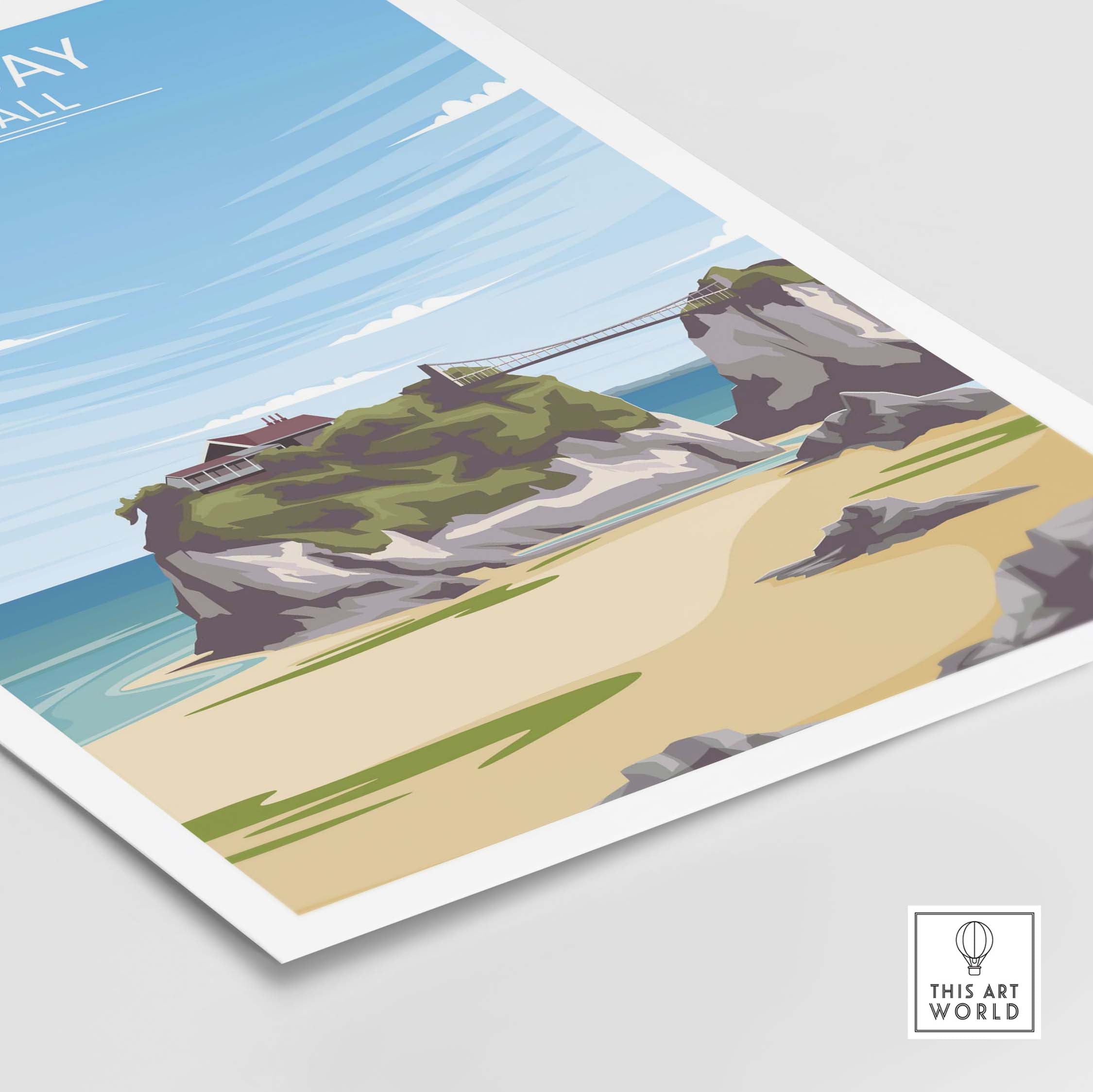 Newquay Print Cornwall Poster depicting a beach scene with cliffs and blue skies, perfect for home or office decor.