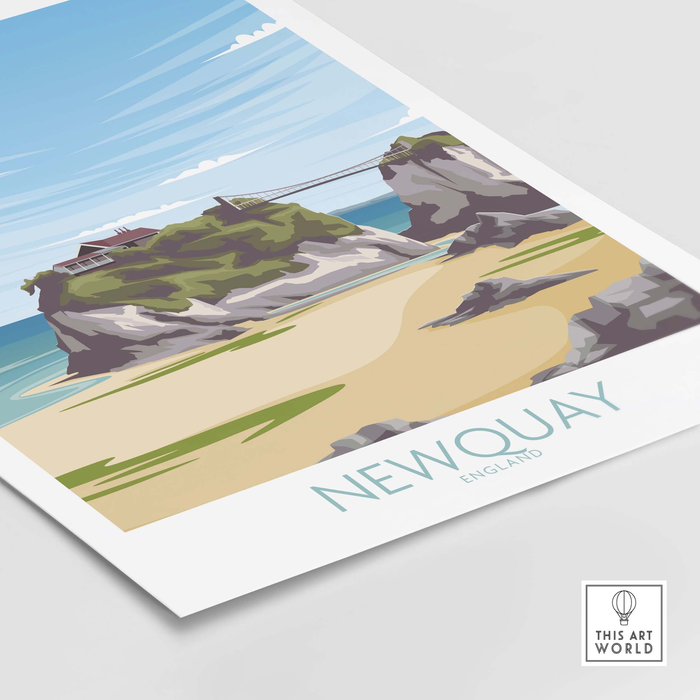 Newquay Cornwall travel poster featuring scenic beach and cliff backdrop, perfect for home or office decor.