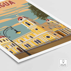 Nicaragua vintage travel poster showcasing a colorful building under a sunset sky, perfect for home decor.
