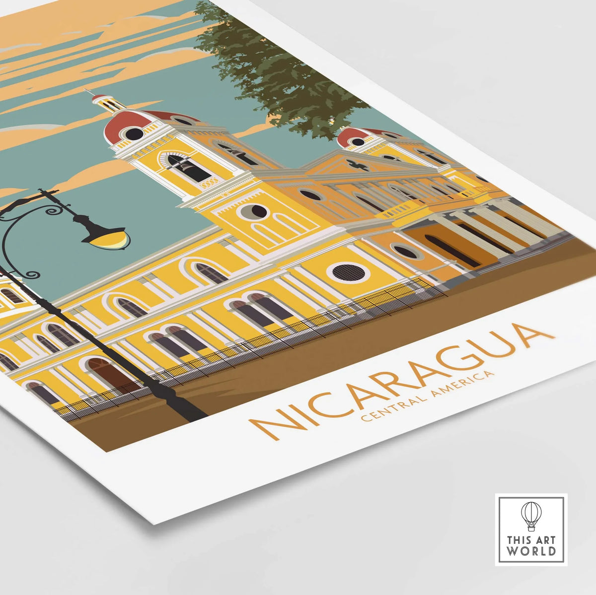 Nicaragua print featuring a vintage-inspired illustration of iconic architecture in Central America.