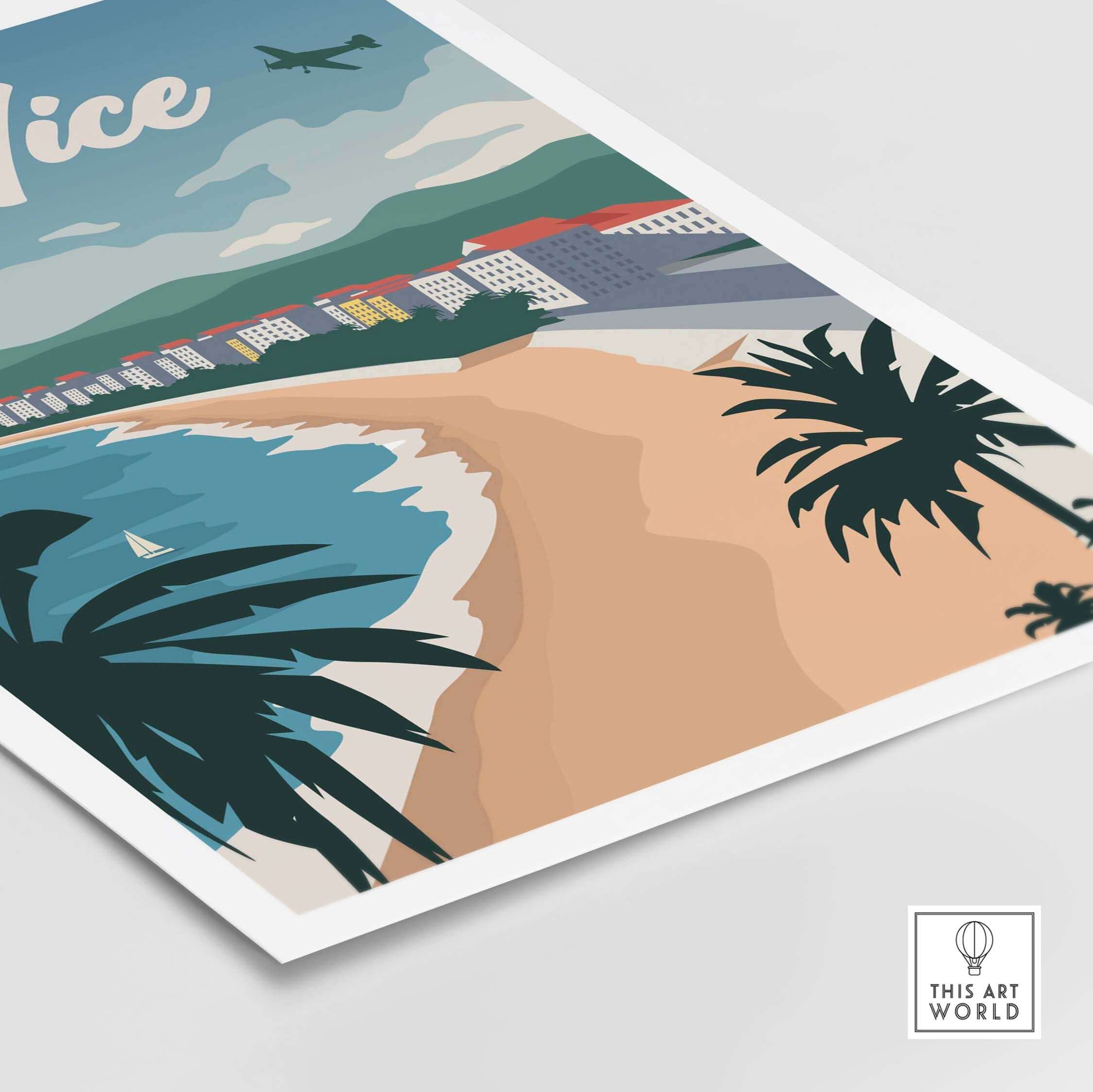 Colorful Nice France poster art print showcasing sandy beach, ocean, and vintage travel vibes.