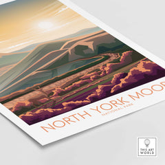 North York Moors Print featuring a sunset landscape and winding road, inspired by vintage national park posters.