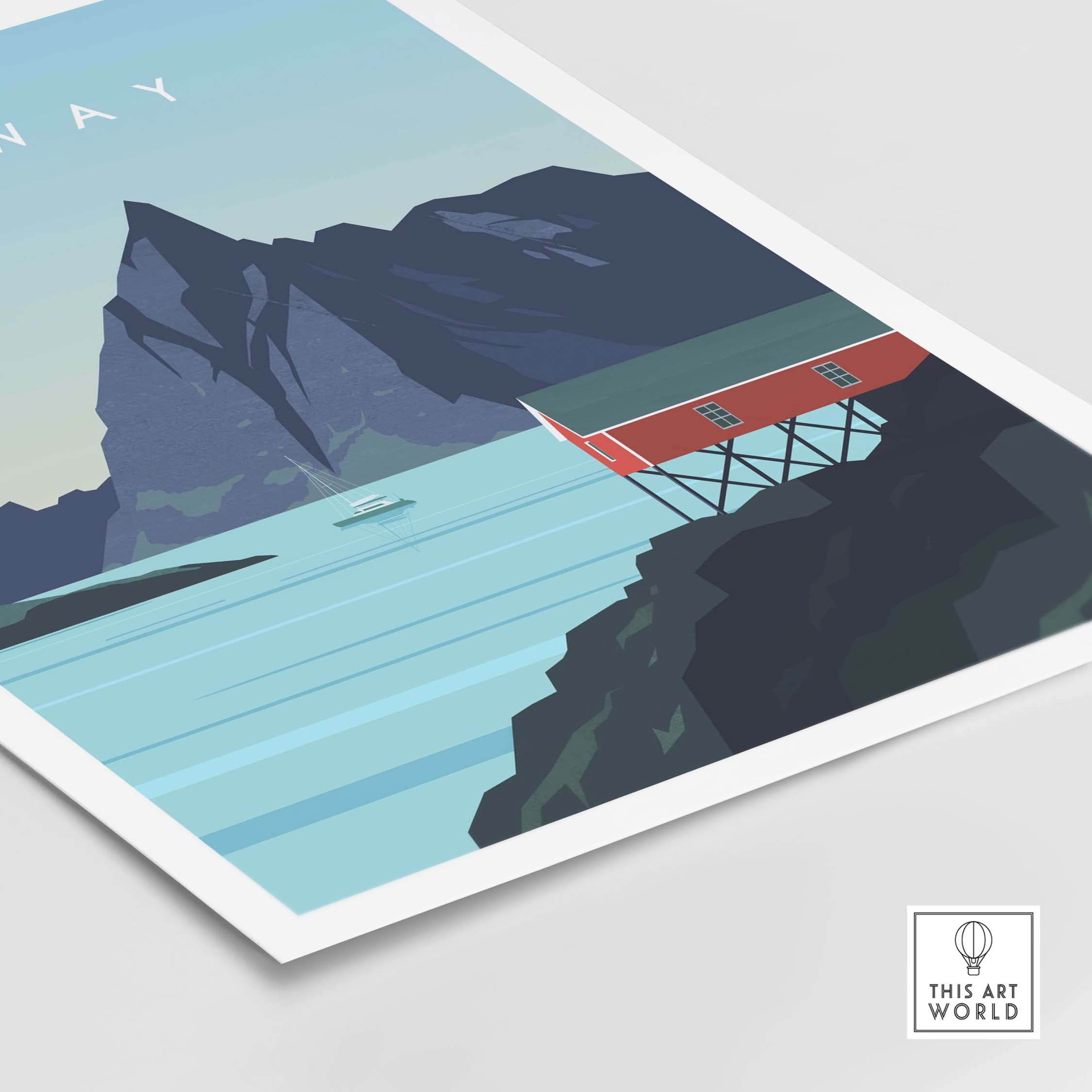 Norway print wall art poster featuring a scenic coastal landscape with mountains and a red cottage.