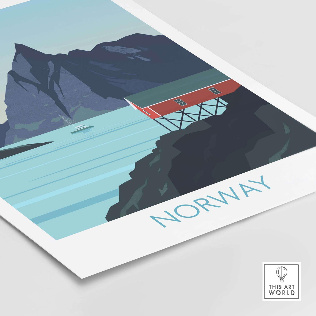 Norway Print Travel Poster featuring a scenic coastal view and iconic red cabin, perfect for home or office decor.