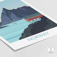 Norway Print Travel Poster featuring a scenic coastal view and iconic red cabin, perfect for home or office decor.