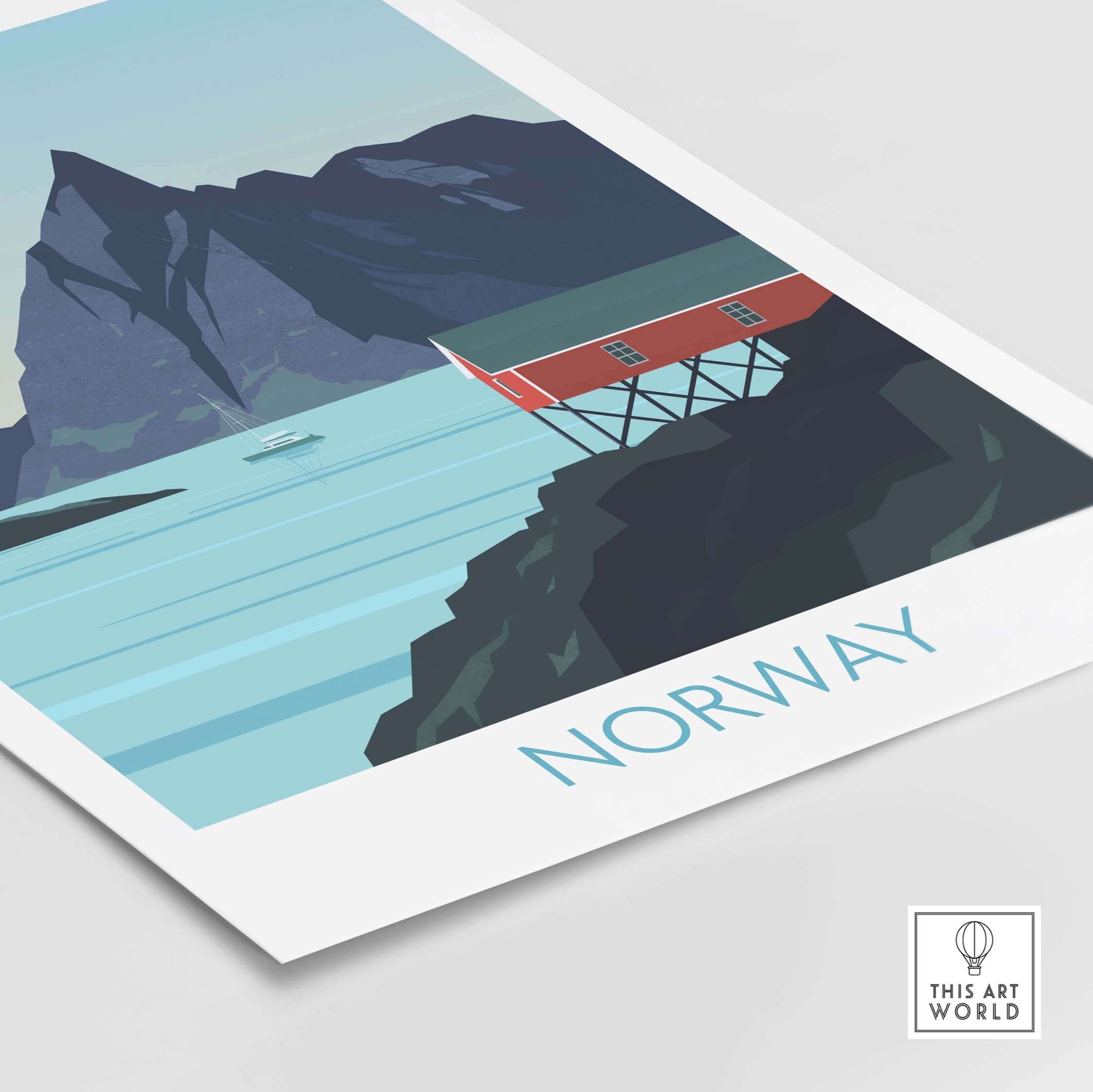 Norway Print Travel Poster featuring a scenic coastal view and iconic red cabin, perfect for home or office decor.