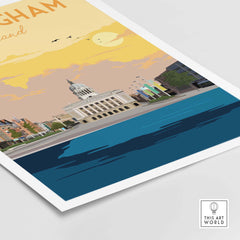 Nottingham Print England Poster featuring vintage-style artwork of city landmarks and a sunset sky.