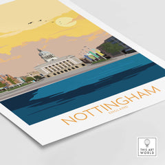 Nottingham Poster Print featuring vintage-inspired artwork of Nottingham, England with vibrant colors and a nostalgic design.
