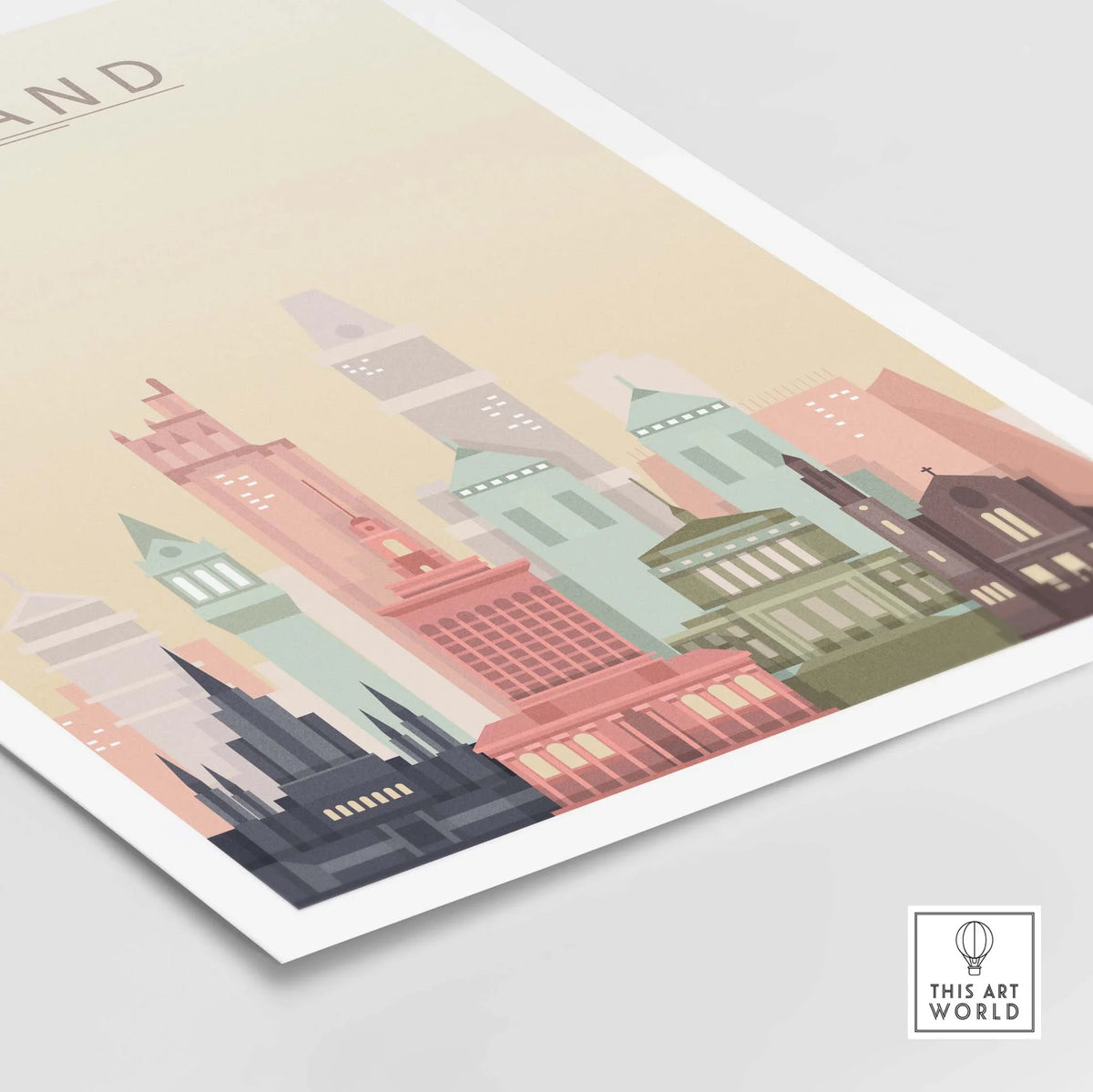 Oakland skyline wall art print in warm pastel tones showcasing iconic buildings and architecture.