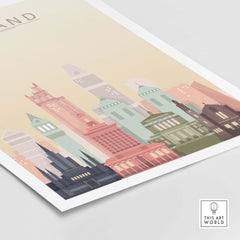 Oakland skyline wall art print in warm pastel tones showcasing iconic buildings and architecture.