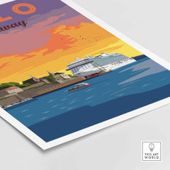 Oslo Print Norway artwork showcasing a vibrant sunset over the waterfront with ships and buildings in a vintage style.
