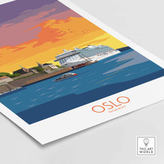 Oslo Poster Norway showcasing a vibrant sunset over the waterfront, ideal for travel enthusiasts and wall art lovers.
