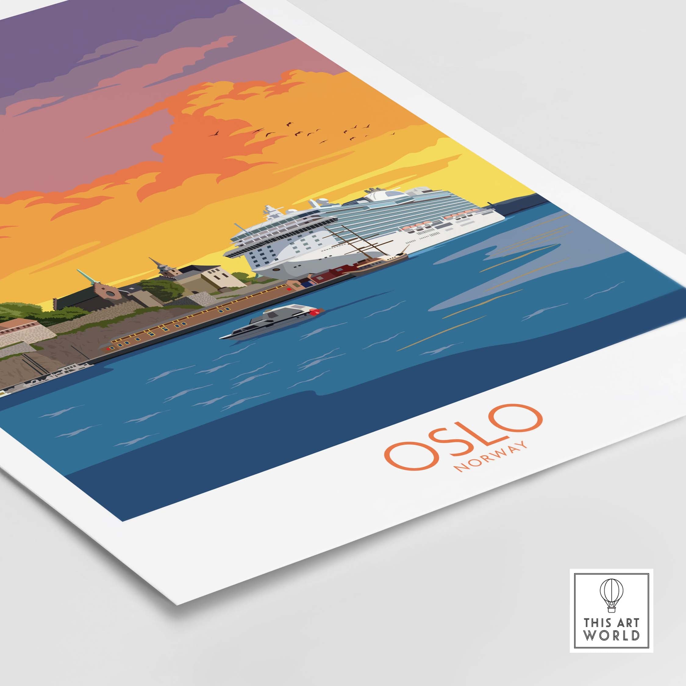 Oslo Poster Norway showcasing a vibrant sunset over the waterfront, ideal for travel enthusiasts and wall art lovers.