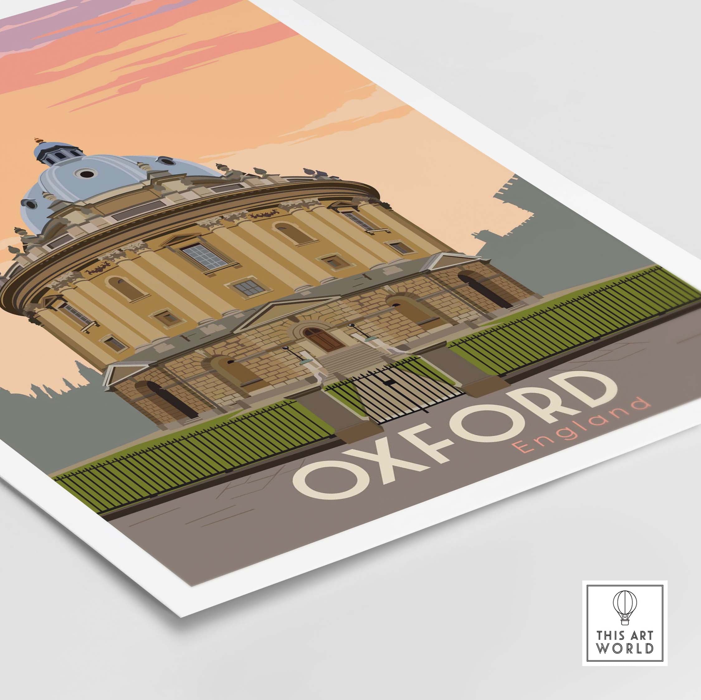 Oxford Print Poster Wall Art featuring a vintage architectural illustration of Oxford, England.