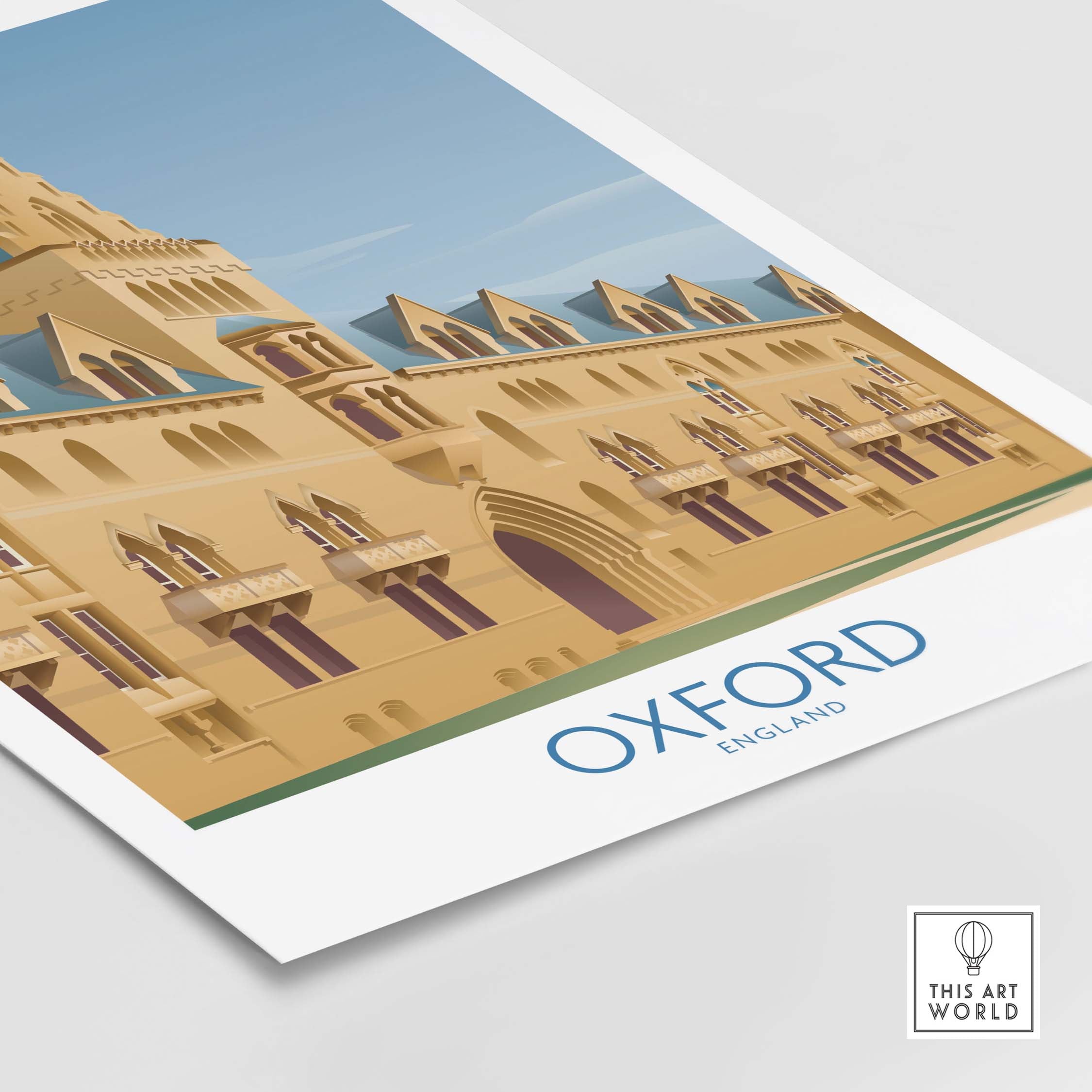 Oxford Wall Art Print featuring a vintage-inspired illustration of Oxford, England's architecture.
