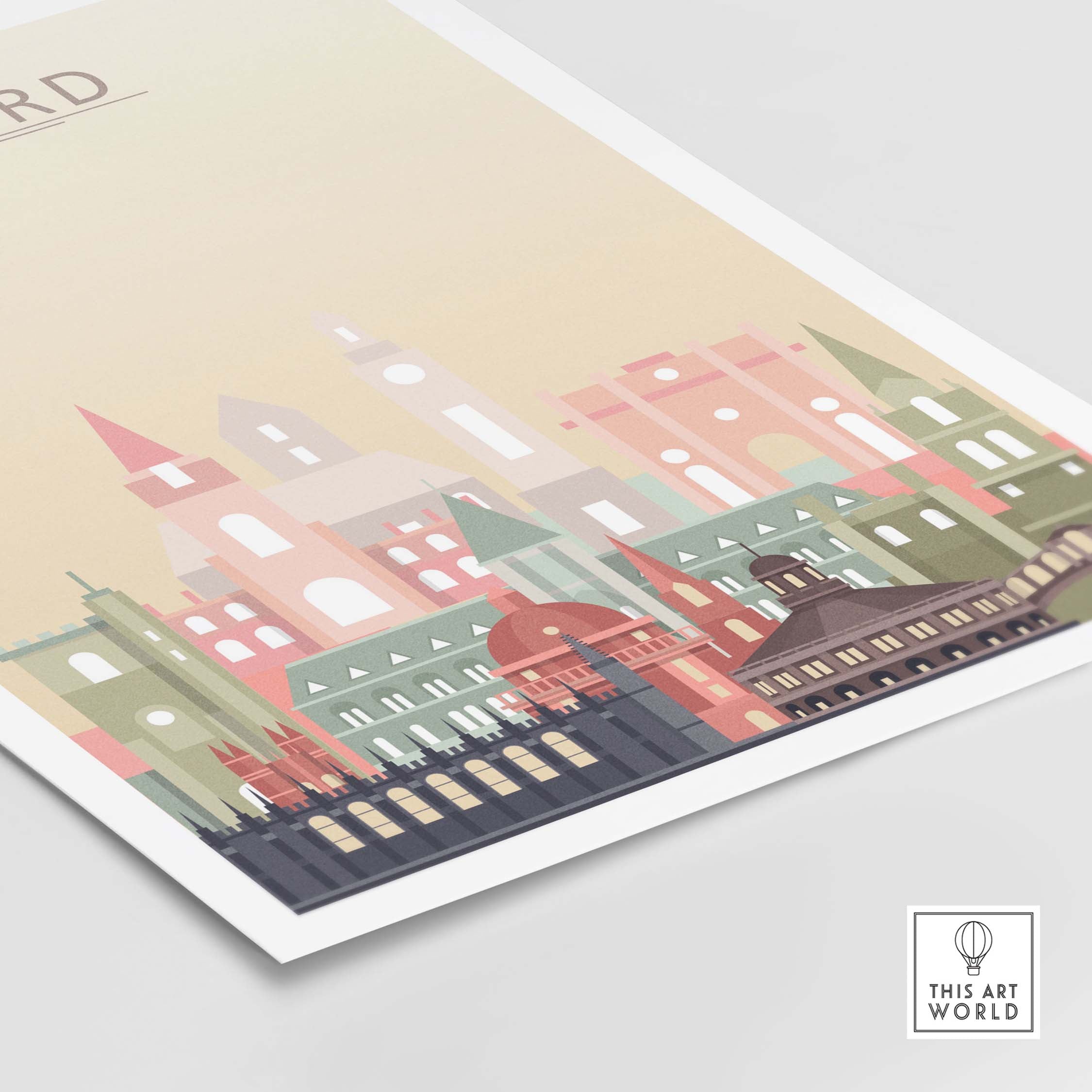 Oxford Skyline Print showcasing iconic buildings in warm pastel tones, perfect for city wall art decoration.