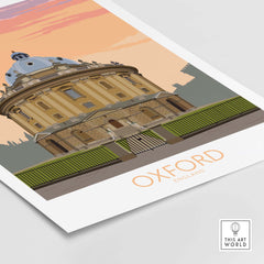 Oxford travel poster showcasing a vintage illustration of a historic building in England, perfect for home decor.