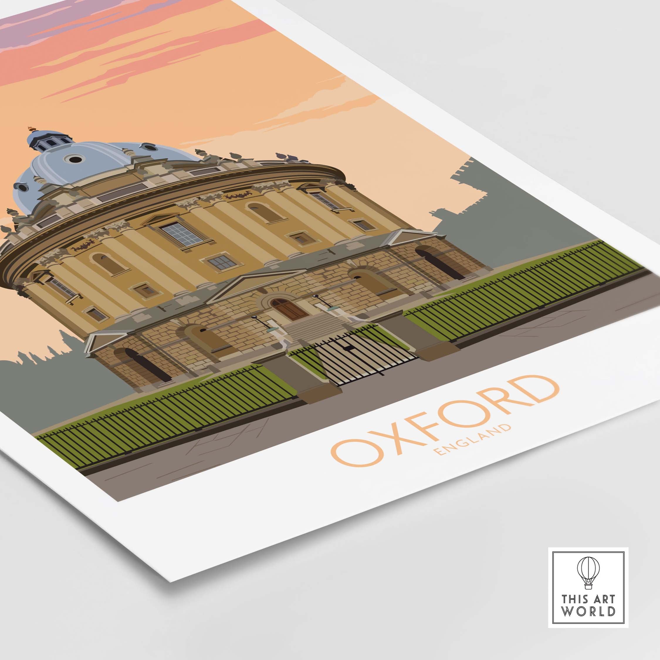Oxford travel poster showcasing a vintage illustration of a historic building in England, perfect for home decor.