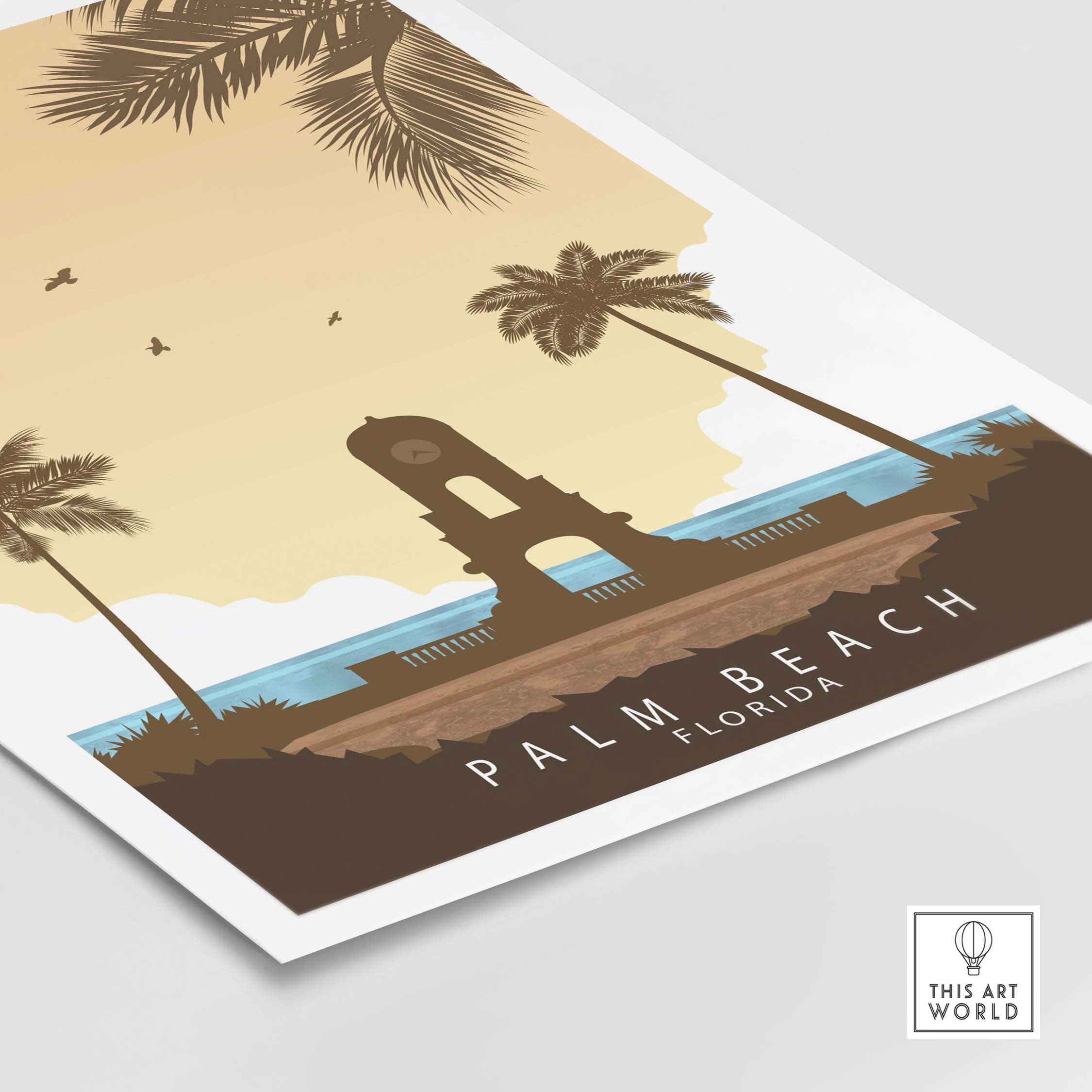 Palm Beach Florida Print featuring vintage style palm trees and a nostalgic clock tower design.