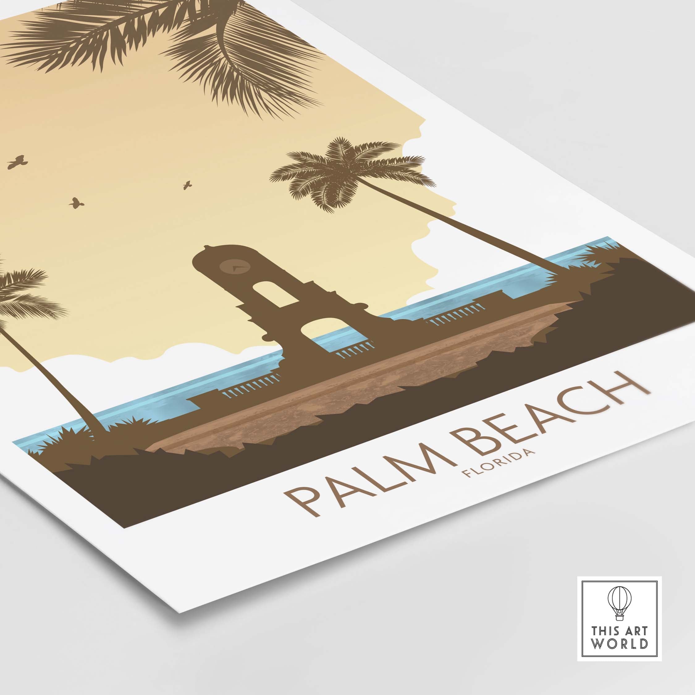 Palm Beach Wall Art Florida vintage travel poster with palm trees and coastal sunset design.