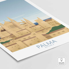 Palma Mallorca wall art print featuring vintage-style illustration of the cityscape with pastel colors.