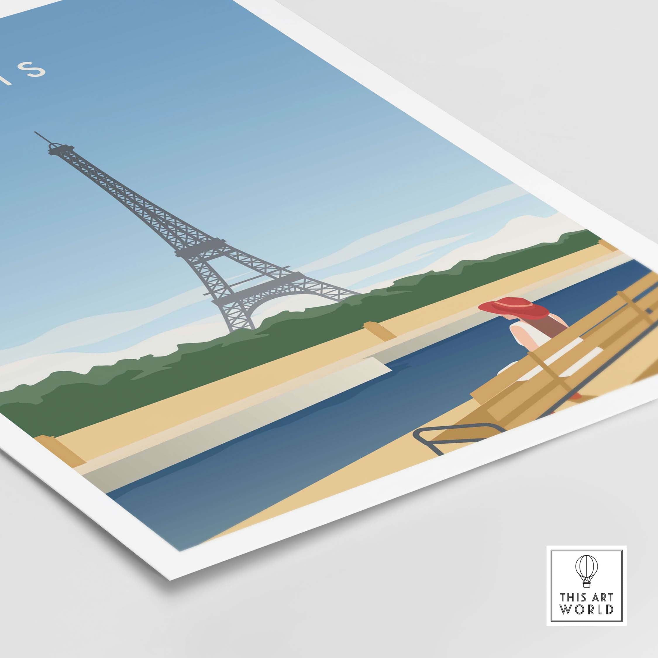 Vintage Paris wall art poster featuring the Eiffel Tower and a serene riverside scene, perfect for home decor.