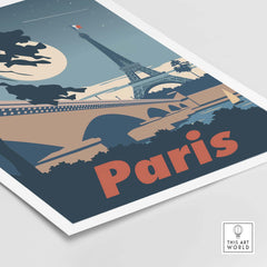 Vintage Paris poster art print featuring the Eiffel Tower and a moonlit sky, perfect for home decor.