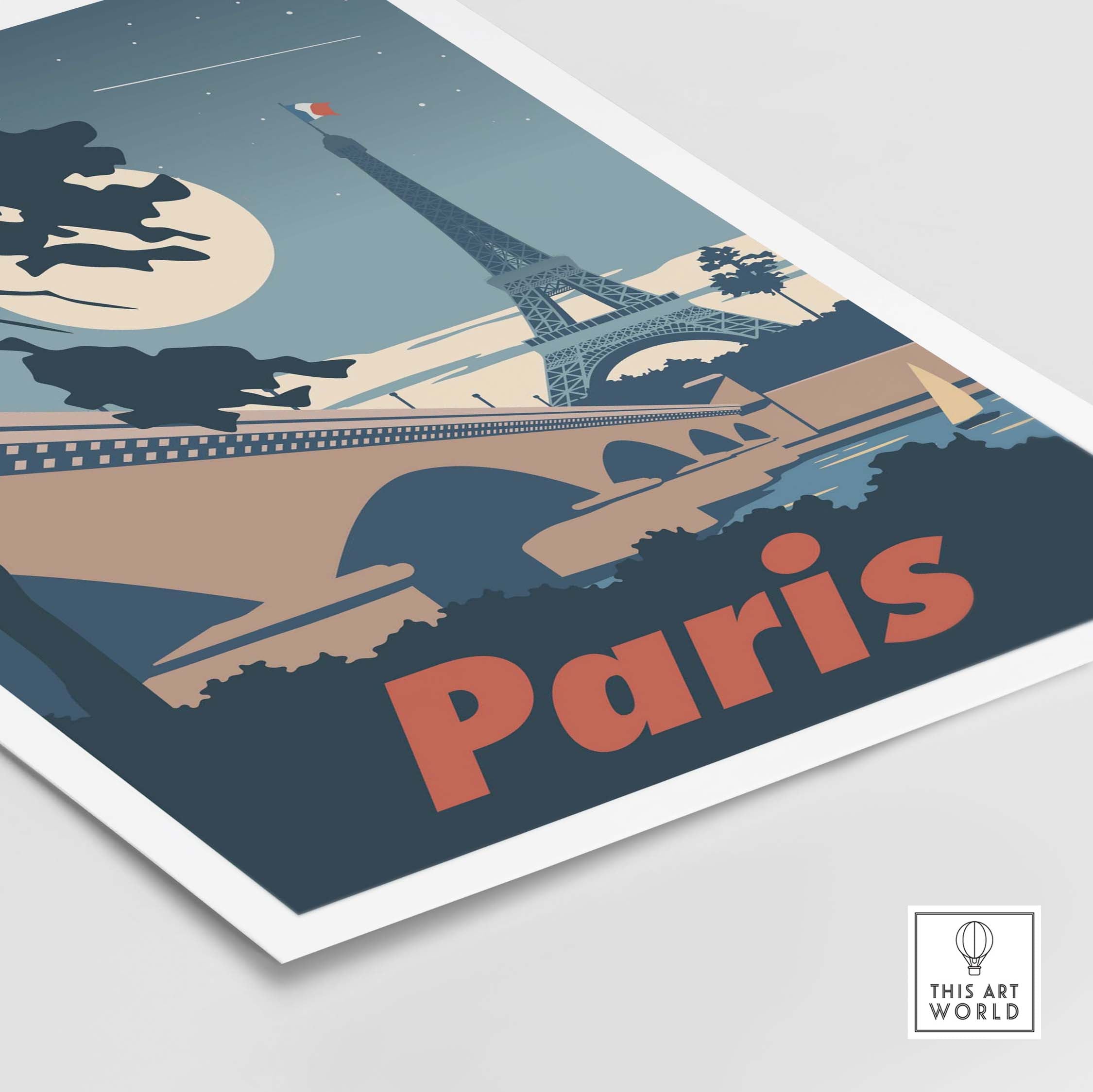 Vintage Paris poster art print featuring the Eiffel Tower and a moonlit sky, perfect for home decor.