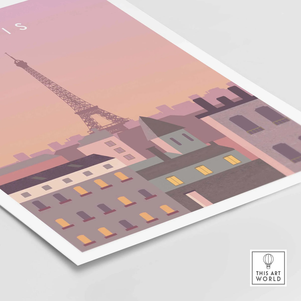 Paris Print Wall Art Poster featuring the Eiffel Tower against a pastel sky, perfect for home or office decor.