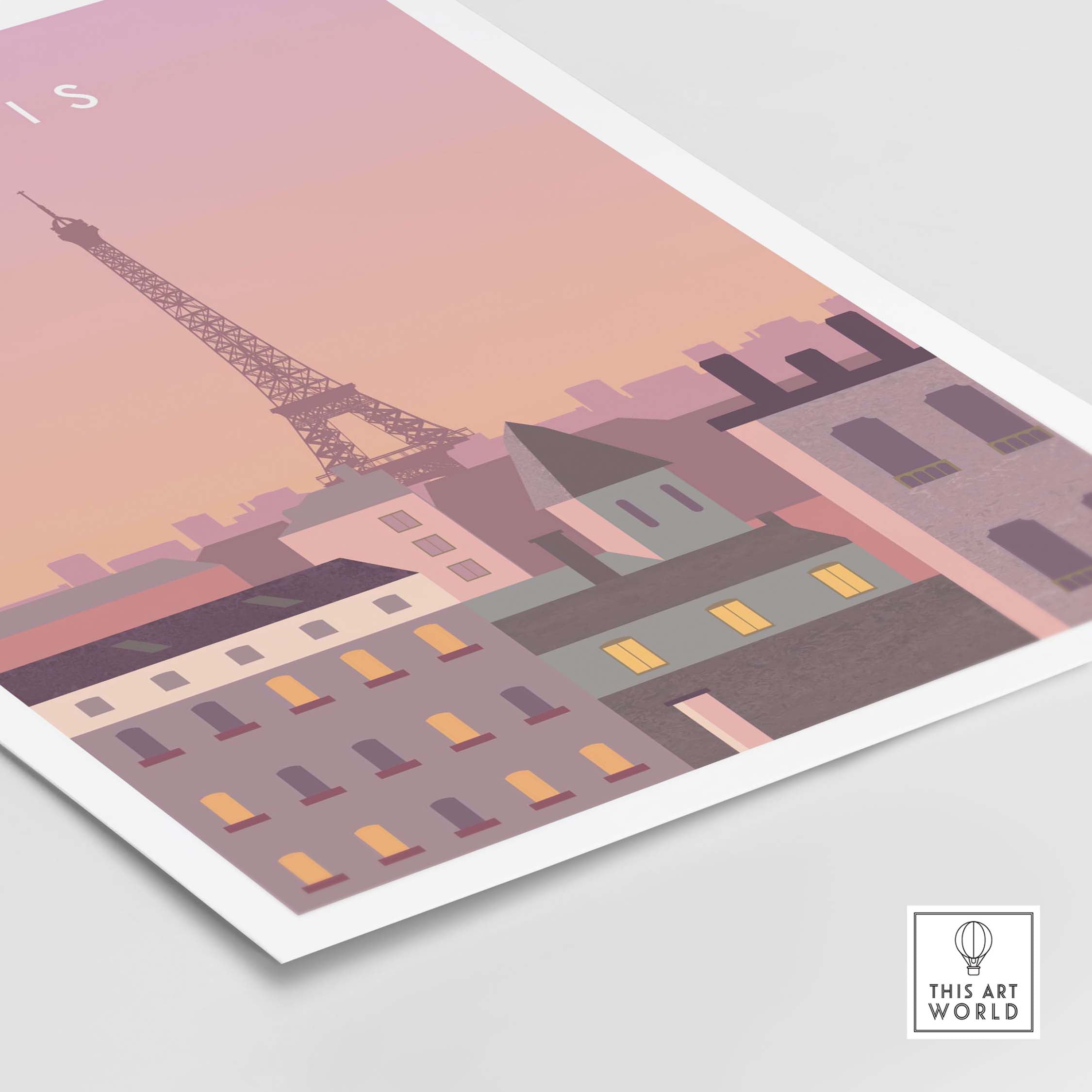 Paris Print Wall Art Poster featuring the Eiffel Tower against a pastel sky, perfect for home or office decor.