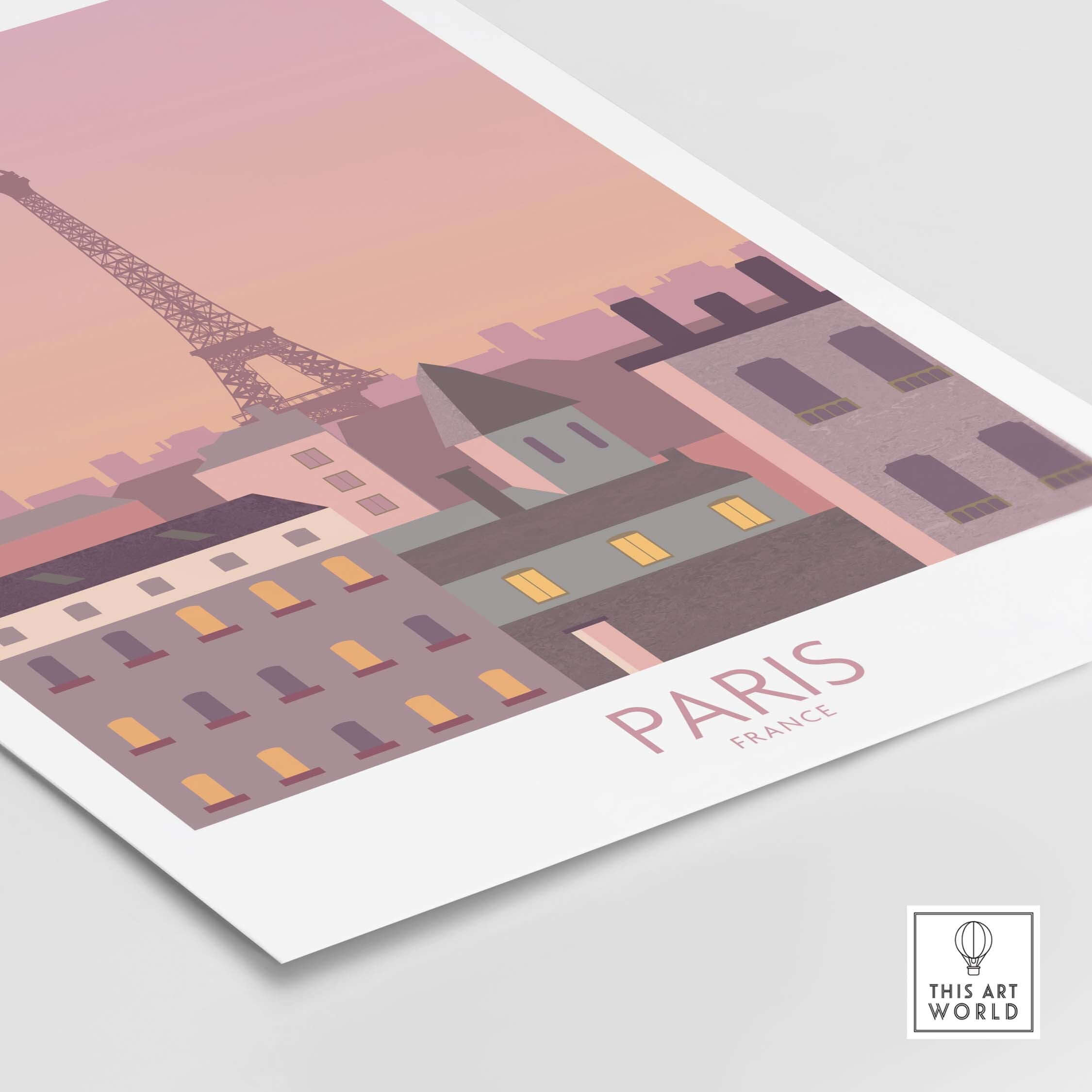 Paris Print Travel Poster featuring the Eiffel Tower and pastel city skyline, ideal for home or office decor.