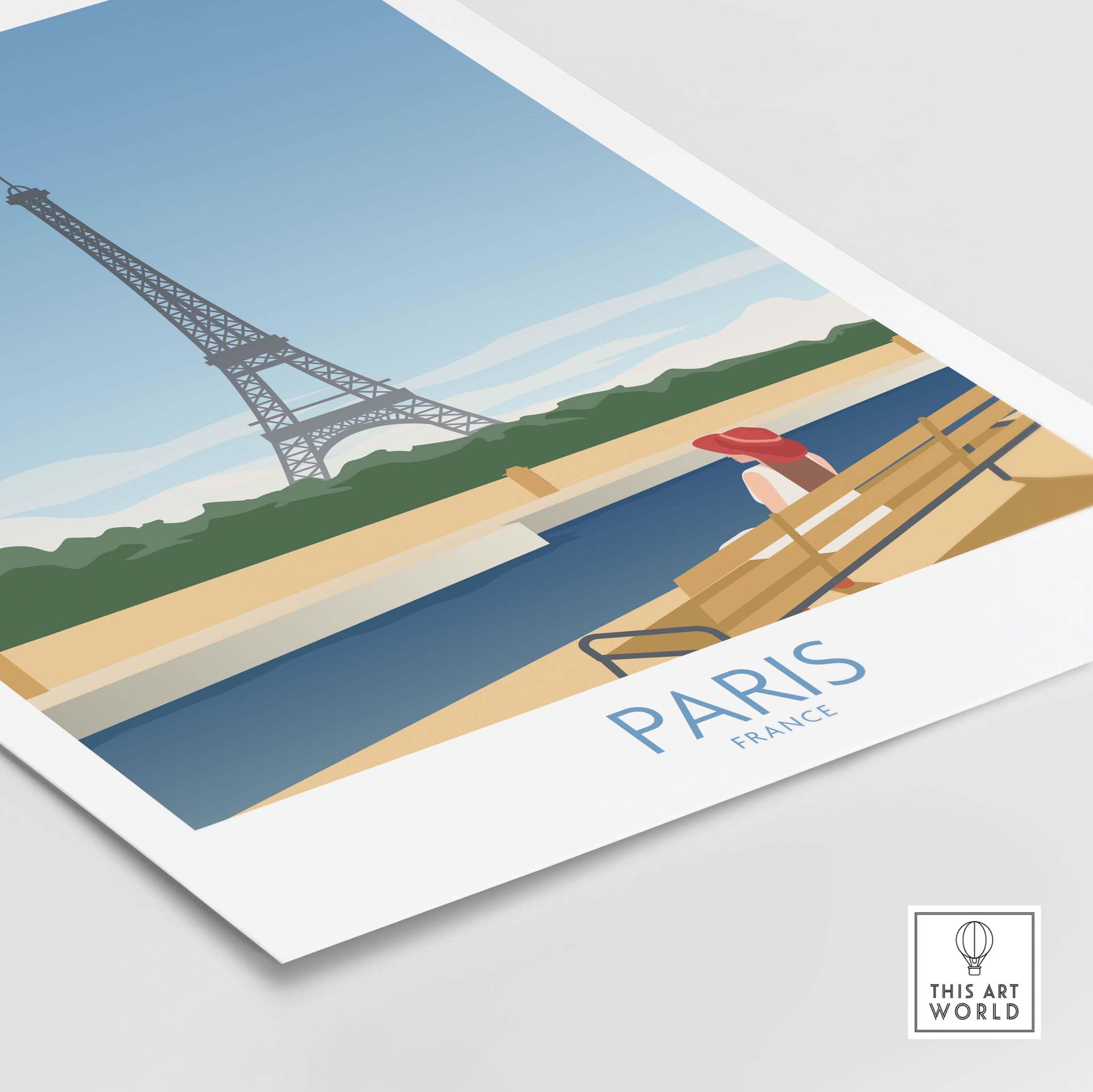Paris Wall Art Poster Print featuring the Eiffel Tower and a serene riverside scene, perfect for travel lovers.