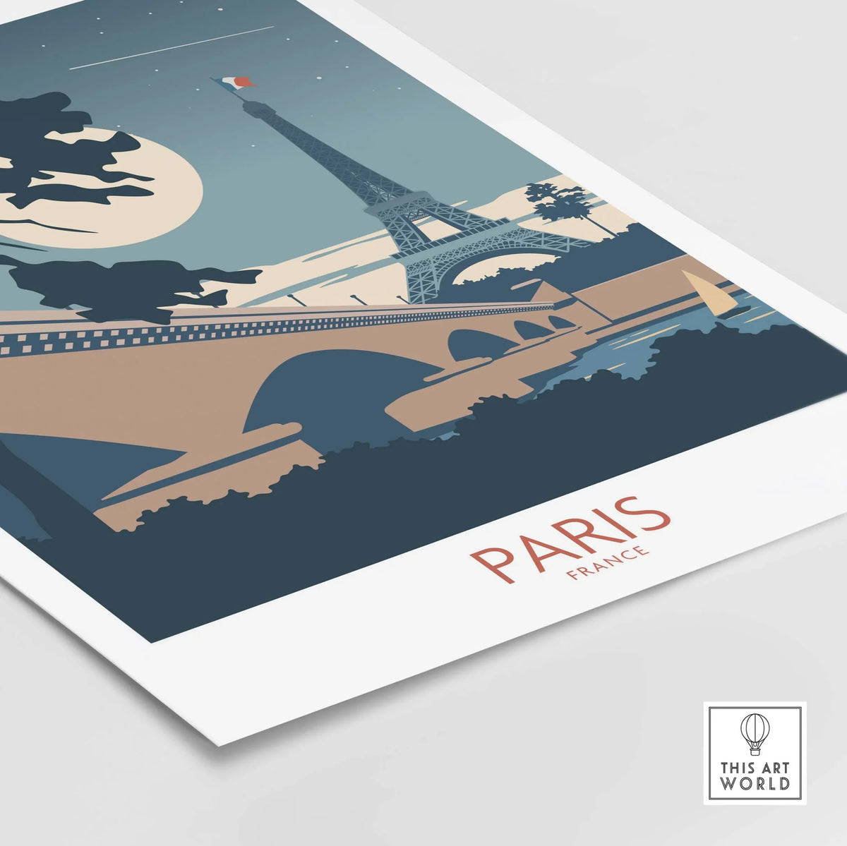 Paris France travel poster featuring the Eiffel Tower and a moonlit sky, perfect for home or office decor.
