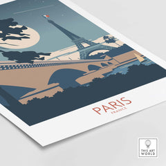 Paris France travel poster featuring the Eiffel Tower and a moonlit sky, perfect for home or office decor.