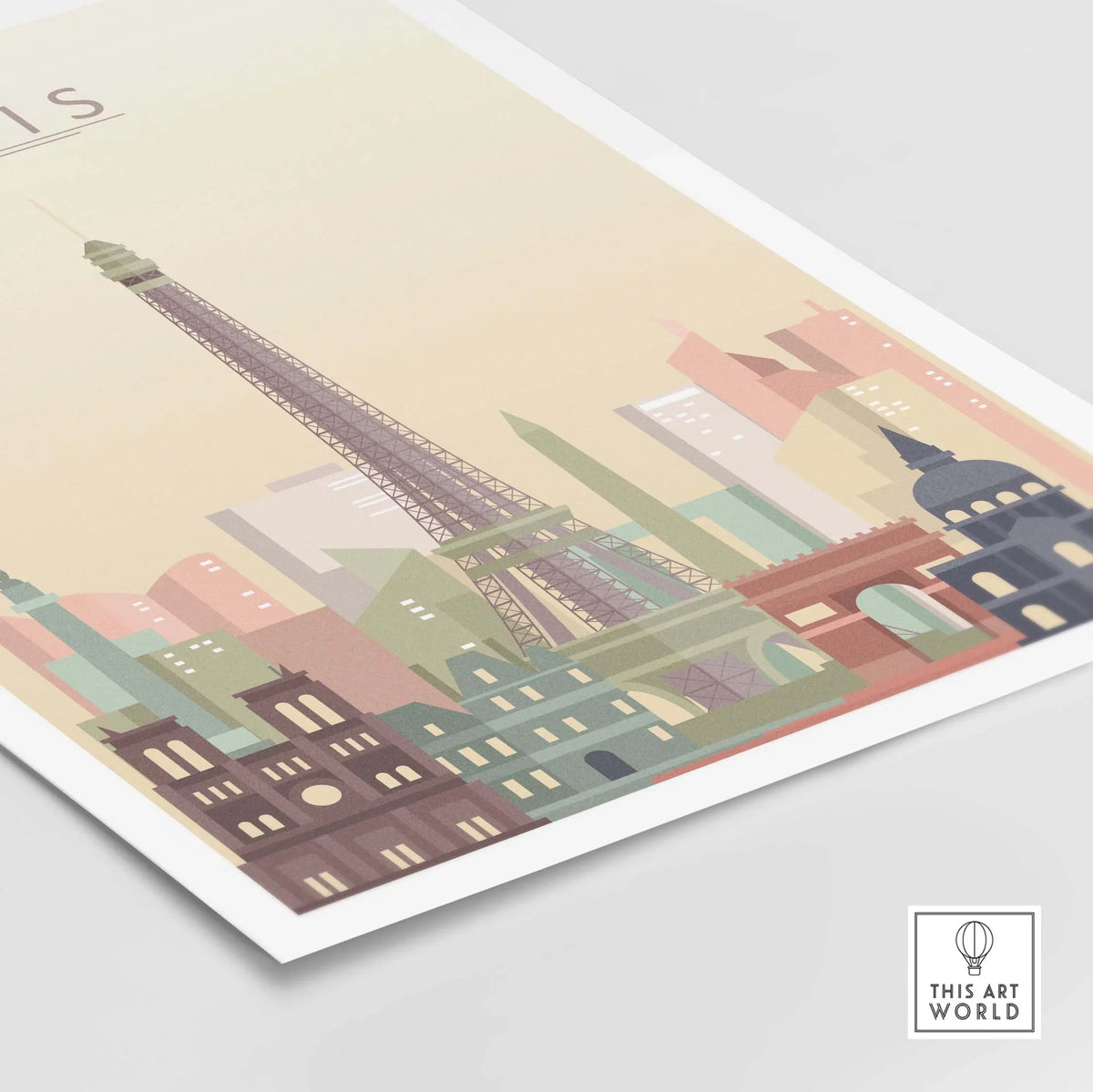 Paris city skyline print featuring the Eiffel Tower in pastel tones, ideal for stylish wall art decoration.