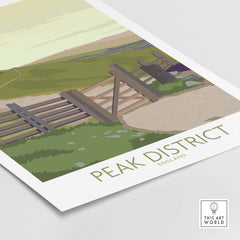 Peak District Art Print featuring a serene landscape with a gate, inspired by vintage travel posters.