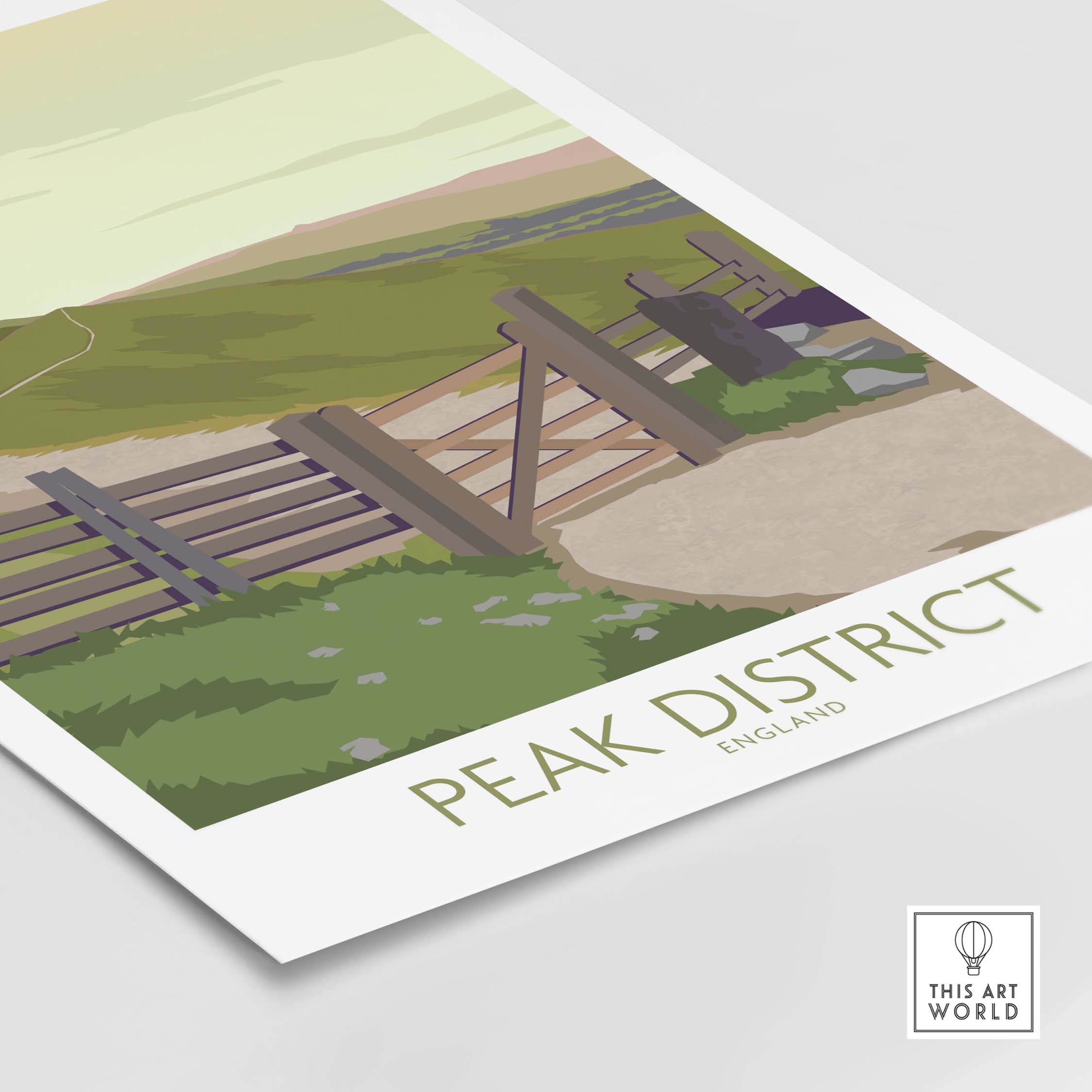 Peak District Art Print featuring a serene landscape with a gate, inspired by vintage travel posters.